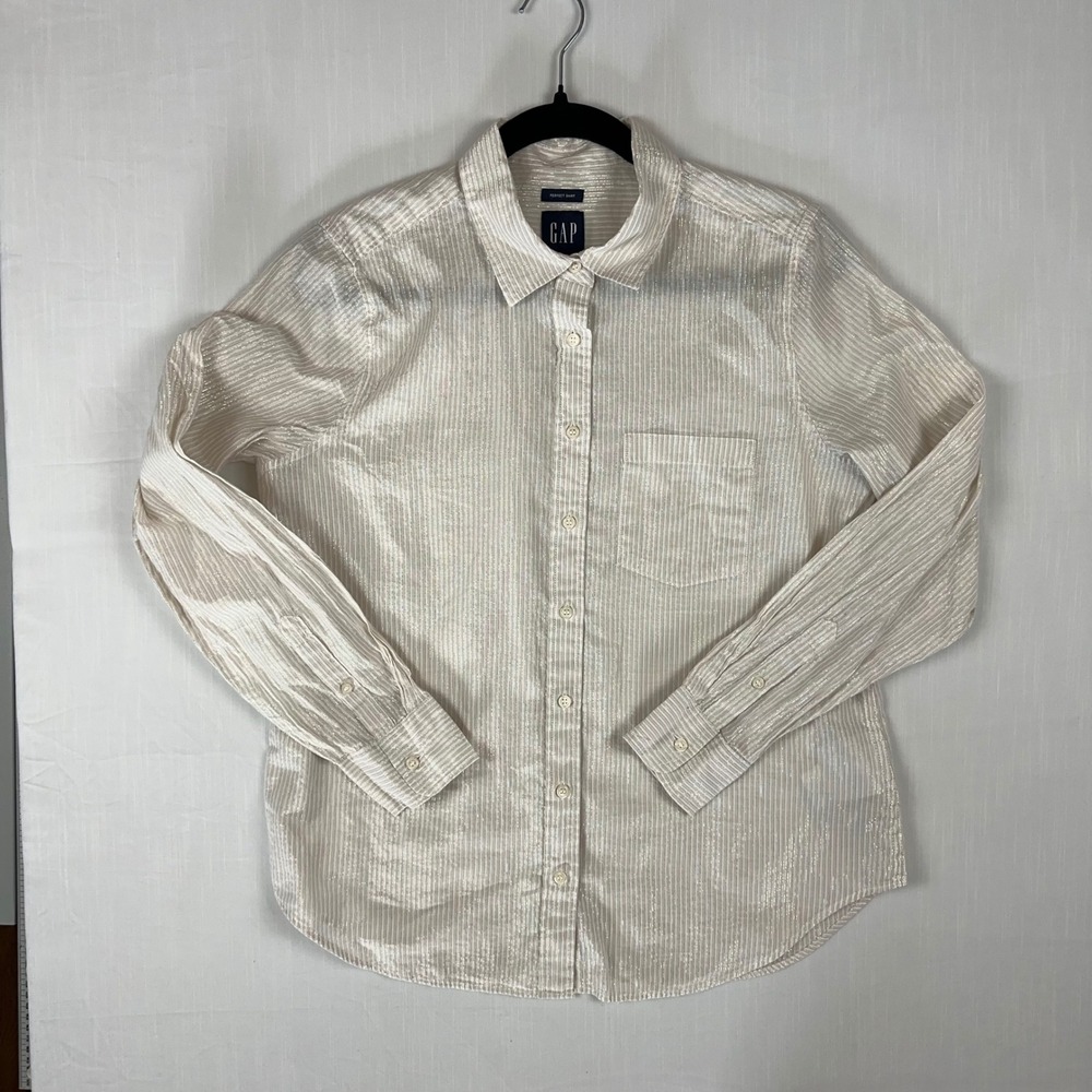 Gap Women Medium Cream Gold Metallic Pinstripe Perfect Shirt Button Long Sleeve